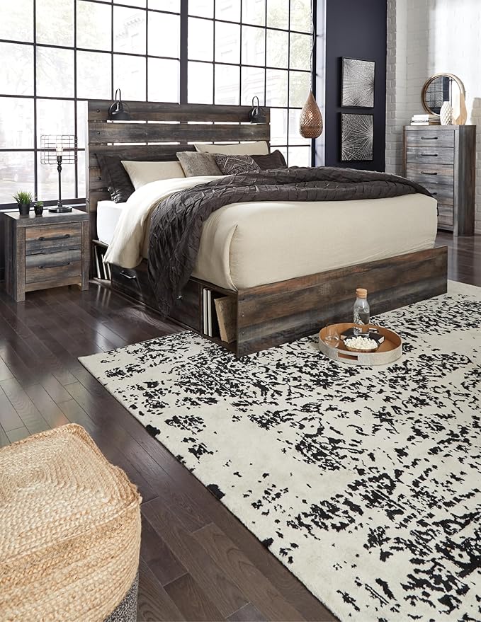 Signature Design by Ashley Drystan Rustic King Panel Platform Bed with 2 Storage Drawers, Open Cubbies, Sconce LED Lights and USB Ports, Foundation or Box Spring Not Needed, Dark Brown & Gray