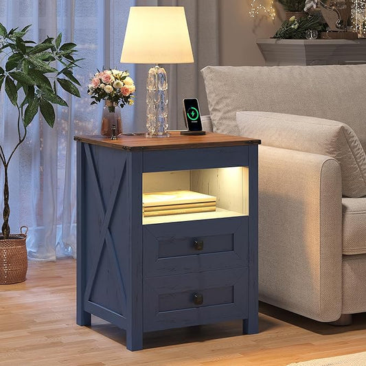 Night Stand Set 2 with Gun Drawer, Farmhouse Bedside Table with Charging Station, Gun Nightstand with LED Light & Human Sensor, Smart End Table for Bedroom, Blue