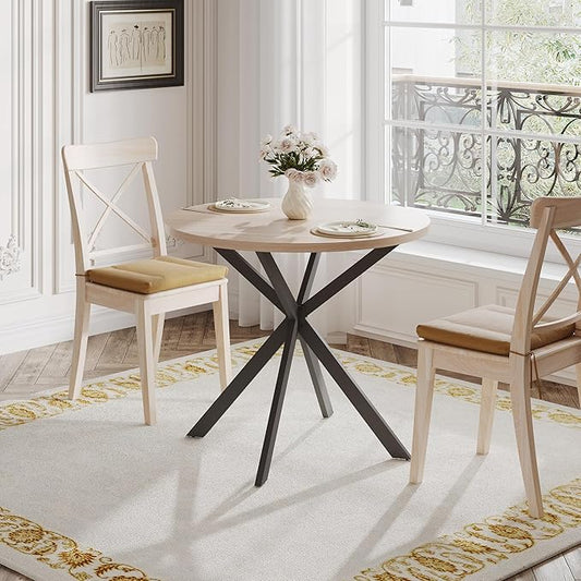 ChooChoo Round Dining Table for 2, Farmhouse Wood Kitchen Table, Circle Dinner Table for Kitchen & Dining Room, Small Space, 31.5In, Natural Oak