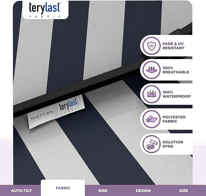 Midtown Umbrellas - 10-Year-No-Fade 10 Ft Patio Umbrella with Terylast Fabric, Auto-Tilt Aluminum Frame and 8 Reinforced Ribs for Deck, Pool, Garden & Beach - Navy Stripes Canopy, Black Pole