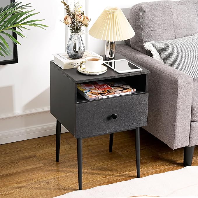 VECELO Night Stand for Bedroom Set of 2,Modern Solid Wood Nightstand with Storage Shelf and Drawer, Bedside Table End Table for Living Room,Bedroom,Entryway,Easy Assembly,Gray
