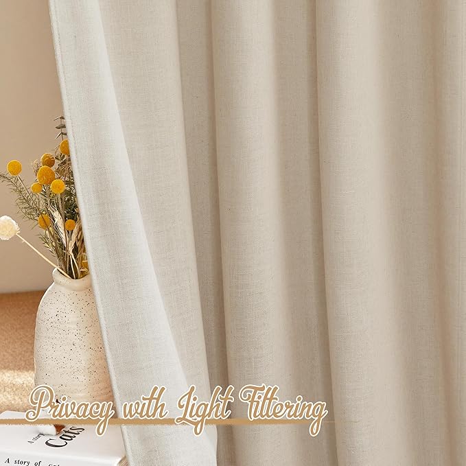 NICETOWN Linen Cream Curtains 108 inches Long, Rod Pocket & Back Tab Flax Linen Burlap Semi Sheer with Light Filtering Privacy Window Drapes for Living Room/Bedroom, W52 x L108, 2 Panels
