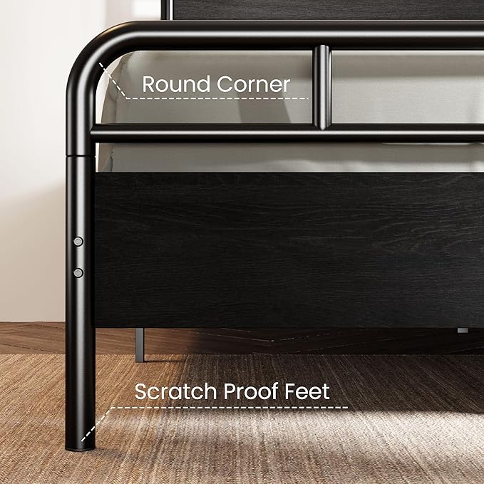 SHA CERLIN Full Size Bed Frame with Vintage Industrial Wood Headboard, Heavy Duty Metal Platform with 12" Under-Bed Storage, Mattress Foundation, No Box Spring Needed, Noise-Free, Easy Assembly, Black