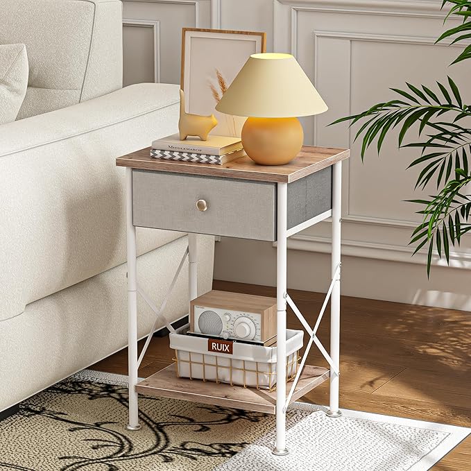 VECELO End Tables, Modern Nightstands with Fabric Drawer & Open Shelf, Side Table for Bedroom Living Room, Industrial Metal Frame, Easy Assembly, Grey,2 Pack