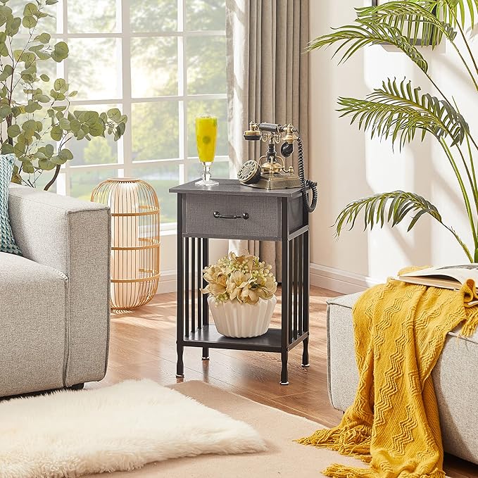 VECELO Nightstands, Industrial Side/End Tables with Drawer and Storage Shelf, Night Stands for Bedroom, Living Room, Wood Metal Furniture, Easy Assembly