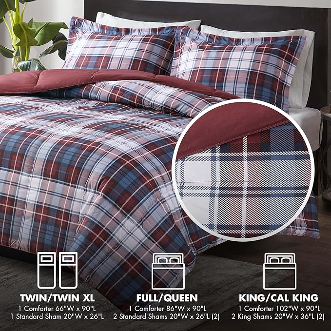 Madison Park Essentials Parkston Plaid Comforter, Matching Sham, 3M Scotchguard Stain Release Cover, Hypoallergenic All Season Bedding-Set, Full/Queen, Red, 3 Piece