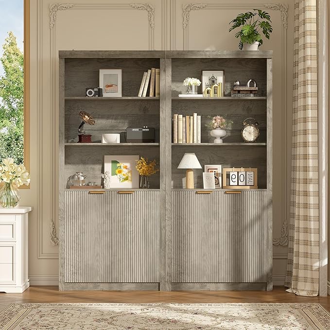 Garvee Tall Book Shelf and Bookcase, Wooden Bookcase with Doors, Modern Book Case with Large Storage Cabinet, 5-Shelf Bookcases with Adjustable top Shelve for Home Office, Living Room, 2 Set Grey