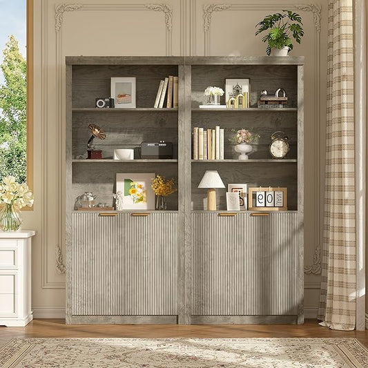 Garvee Tall Book Shelf and Bookcase, Wooden Bookcase with Doors, Modern Book Case with Large Storage Cabinet, 5-Shelf Bookcases with Adjustable top Shelve for Home Office, Living Room, 2 Set Grey