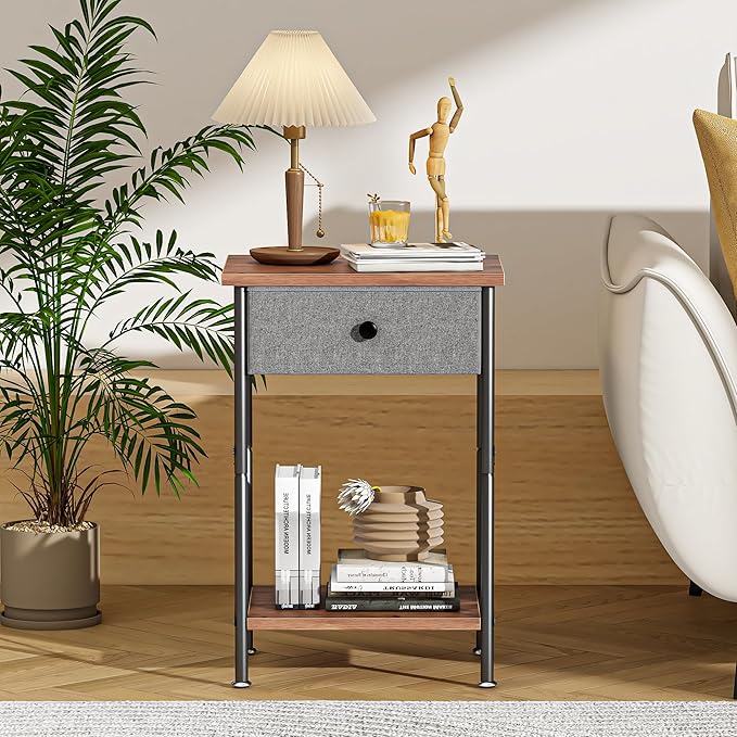 VECELO End Tables, Modern Nightstand with Fabric Drawer & Open Shelf, Night Stand for Bedroom Living Room, Industrial Metal Frame, Easy Assembly, Rustic Brown,2 Pack