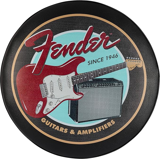 Fender Guitars & Amps Logo Swivel Barstool with Guitar Picks Pouch, Great Gifts for Dad, with 1 Year Limited Warranty, Simple Assembly, Black/Black, 24"