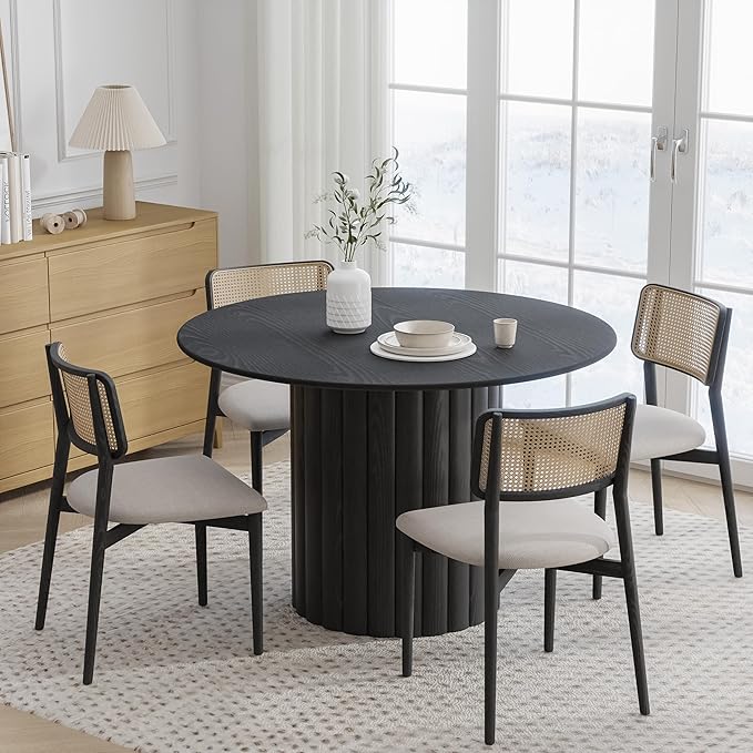 Casaphoria 46" Round Dining Table, Modern Wood Kitchen Table with Wide Column Pedestal Base for Living Room & Dining Room, Easy Assembly Farmhouse Furniture for 4-6, Black
