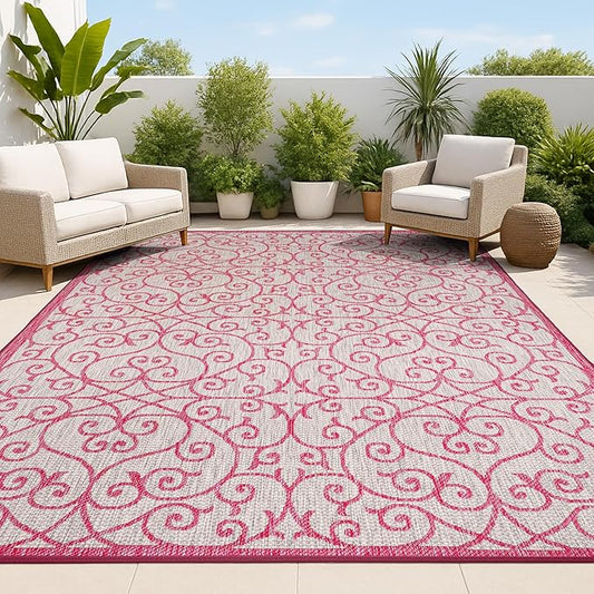 JONATHAN Y Vintage Filigree Indoor Outdoor Area Rug 8X10 Light Gray/Fuchsia, Madrid Textured Weave for Backyard, Patio, Porch, Easy-Cleaning, High Traffic, Pet-Friendly, Non-Shedding (SMB107I-8)