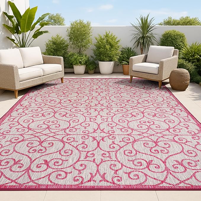 JONATHAN Y Vintage Filigree Indoor Outdoor Area Rug 3X5 Light Gray/Fuchsia, Madrid Textured Weave for Backyard, Patio, Porch, Easy-Cleaning, High Traffic, Pet-Friendly, Non-Shedding (SMB107I-3)