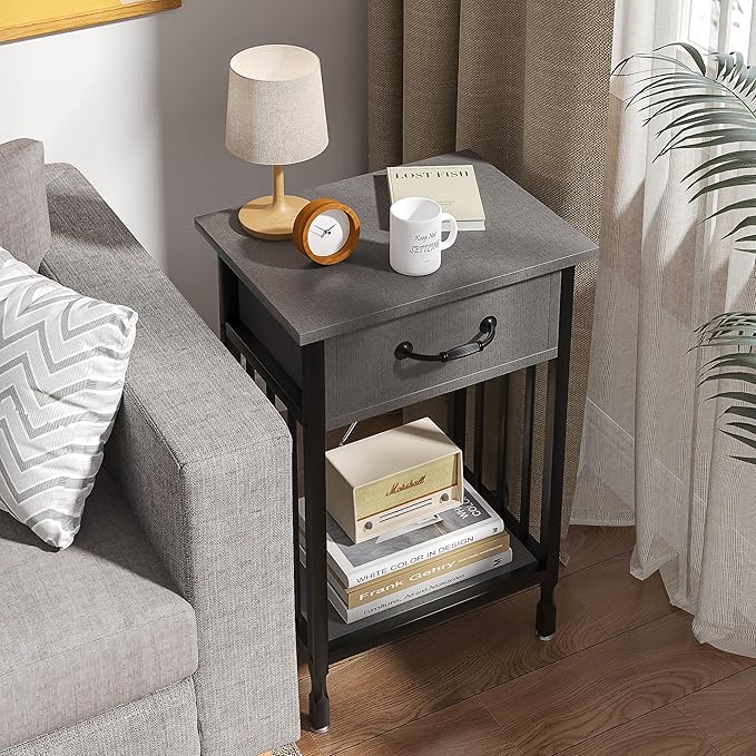 VECELO Night Stand Set 2 with Drawer and Storage Shelf,15.7x11.8x23.6 inches Bedside Table End Table,Wood Nightstands for Bedroom, Living Room,Sofa,Hemp Gray,2 Sets