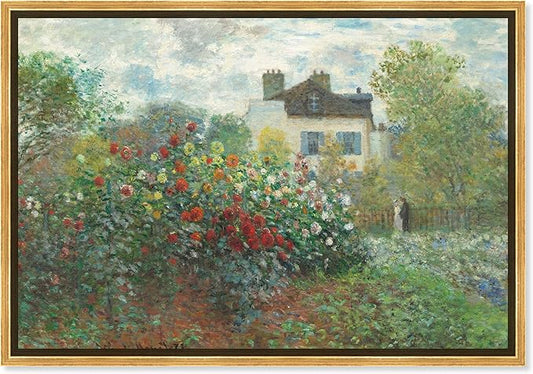 Art Remedy Monet-Garden With Dahlias Impressionism Classic Landscape Paintings Canvas Wall Art, Gold Floater Frame, 16"x24"