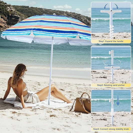 beach umbrella with sand anchor,UPF 50+protection,8 ribs, beach umbrellas for sand portable,with button tilt - multifunctional outdoor sunshade for gardens,courtyards,and beaches.