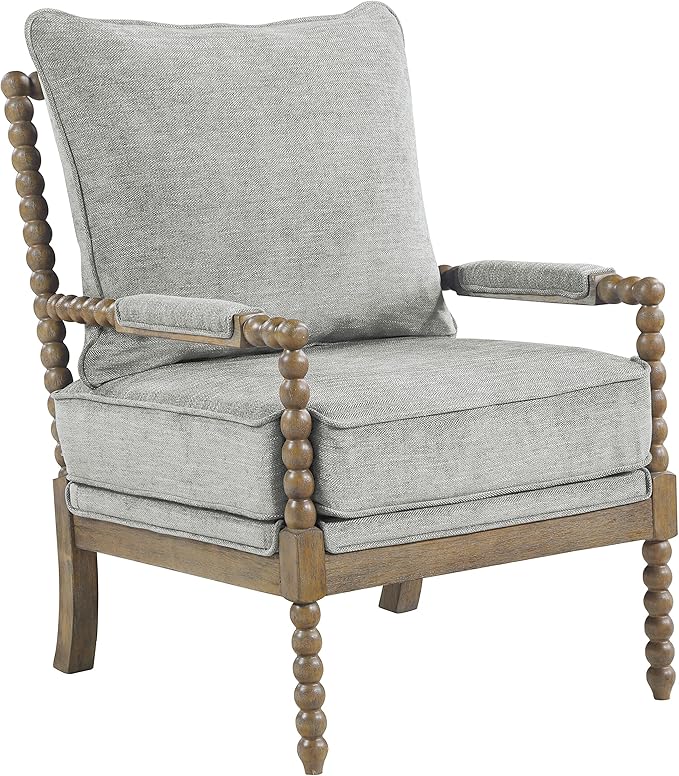 OSP Home Furnishings Fletcher Spindle Accent Chair with Rustic Brown Finish, Smoke Grey Upholstery