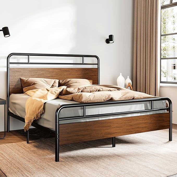 SHA CERLIN Queen Size Bed Frame with Wooden Headboard and Footboard, Rounded Corner Metal Structure, Heavy Duty Slats with Under-Bed Storage, No Box Spring Needed, Walnut