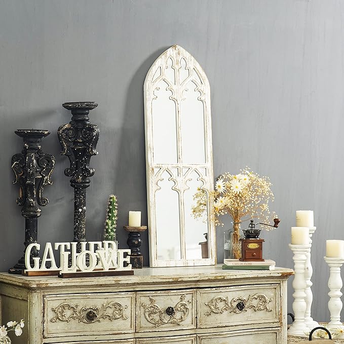 Farmhouse Wood Frame Arched Window Mirror 12 x 38 inches, Hanging Distressed White Rustic Cathedral Hallway Mirrors for Wall, Decorative Long Mirrors for Wall Decor Living Room Entryway