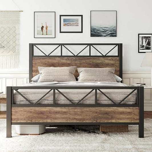 LIKIMIO Queen Bed Frame, Tall Industrial Headboard 51.2 ", Platform Bed Frame with Strong Metal Support, Solid and Stable, Noise Free, No Box Spring Needed, Easy Assembly, Rustic Maple
