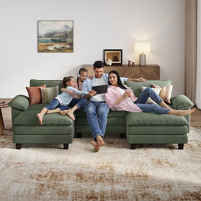 LINSY HOME 123'' Modular Sectional Sofa Green Couch Corduroy Cloud Couches for Living Room, U Shaped Couch with Movable Ottoman, Modern Cloud Sectional Sofas for Bedroom and Apartment, Green