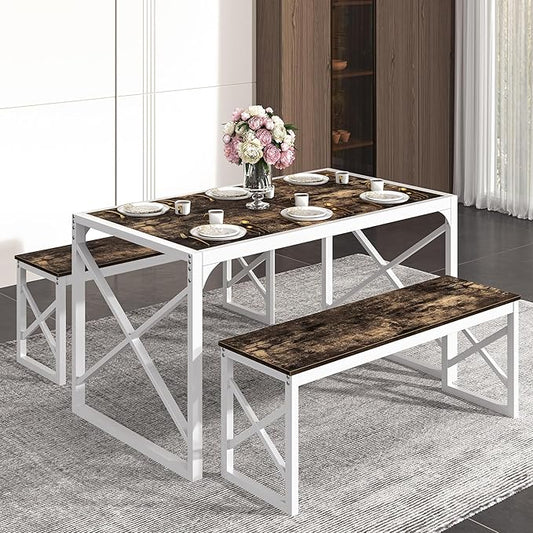 VECELO 55" Kitchen Dining Table Set for 4-6, Wood Dinette 2 Benches with Metal Frame for Dinner Breakfast Nook and Small Space, Dark Brown