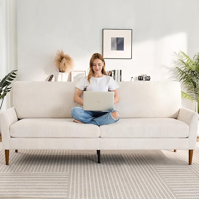 88" Loveseat Sofa, Comfy White Corduroy Couches for Living Room, Modern Oversized Love Seat Sofa, Tool-Free Setup Large Couches for Bedroom Office