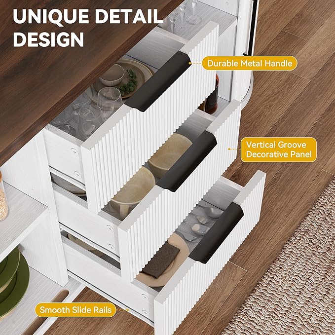 DWVO Modern TV Stand for 60 inch TVs, Fluted Entertainment Center with 3 Drawers & Storage Cabinet, Sliding Door & Adjustable Shelf, Media Console for Living Room, White & Brown