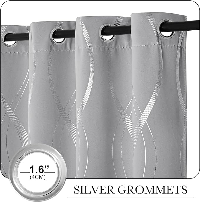 NICETOWN Kitchen Blackout Curtain Panels, Window Treatment Thermal Insulated Solid Grommet Blackout Wave Line Foil Print Design Curtains for Kitchen, Cafe, Loft (Silver Grey, Set of 2, 42 by 63 Inch)