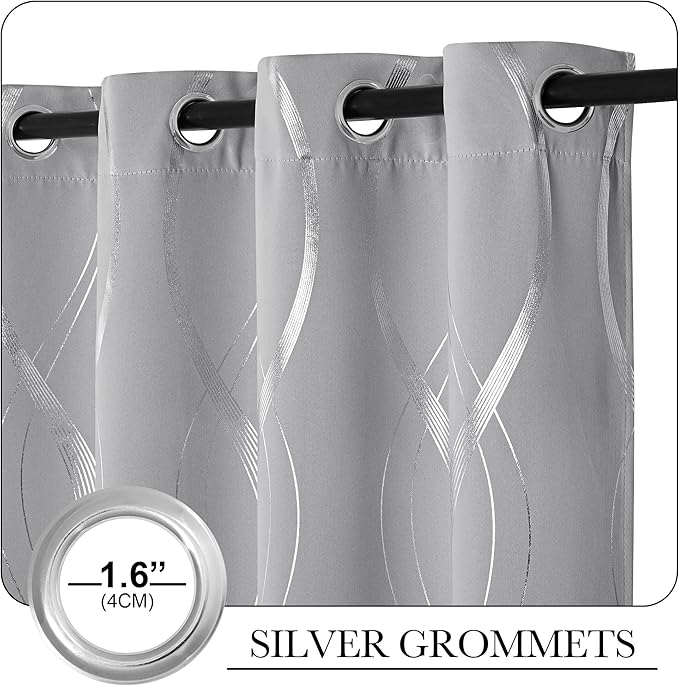 NICETOWN Kitchen Blackout Curtain Panels, Silver Grey, Set of 2, 42 by 54 Inch, Window Treatment Thermal Insulated Solid Grommet Blackout Wave Line Foil Print Design Curtains for Kitchen, Cafe, Loft