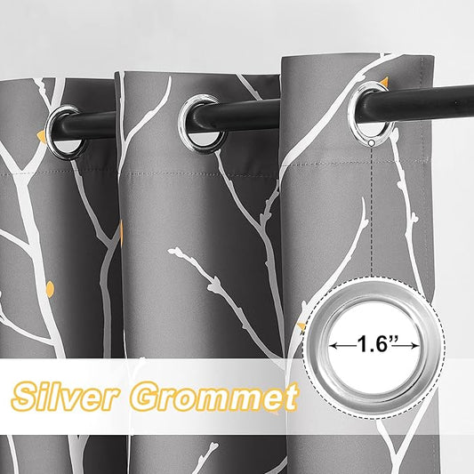 NICETOWN Room Darkening Ceiling to Floor Curtains, Decorative Modern Aesthetic Branches with Petals Triple Weave Material Thermal Insulated for Villa/Cottage, Grey, W52 x L95, 2 PCs