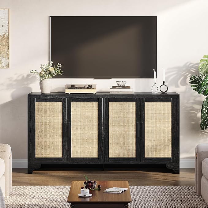 GarveeHome 4-Door Sideboard Buffet Cabinet, Natural Rattan Storage Cabinet, Boho Entryway Console Table, Coffee Bar Station for Dinning Room, Living Room, Kitchen, Black