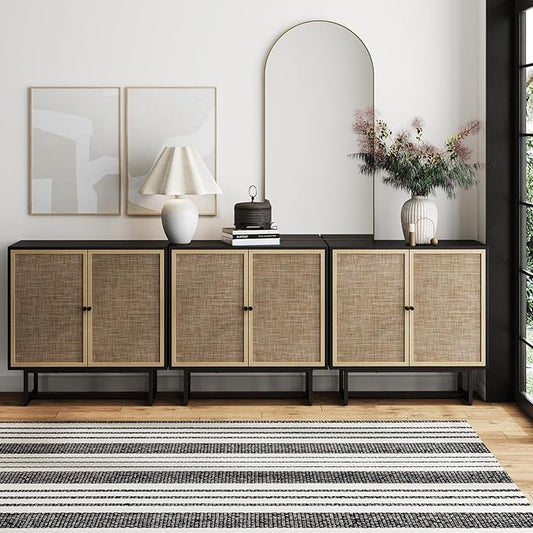Nathan James Kova Rattan Wood Accent Sideboard Storage Cabinet TV Stand with Matte Metal Frame, Adjustable Shelves and Cane Doors, for Hallway, Entryway or Living Room, Black Oak/Cane, Set of 3