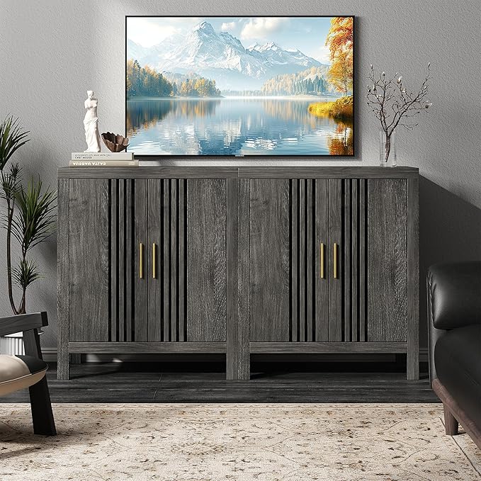Sideboard Buffet Cabinet with Storage, Farmhouse Storage Cabinet Kitchen Buffet Cabinets, Wood Coffee Bar Sideboard for Kitchen, Entryway, Living Room, Grey Oak