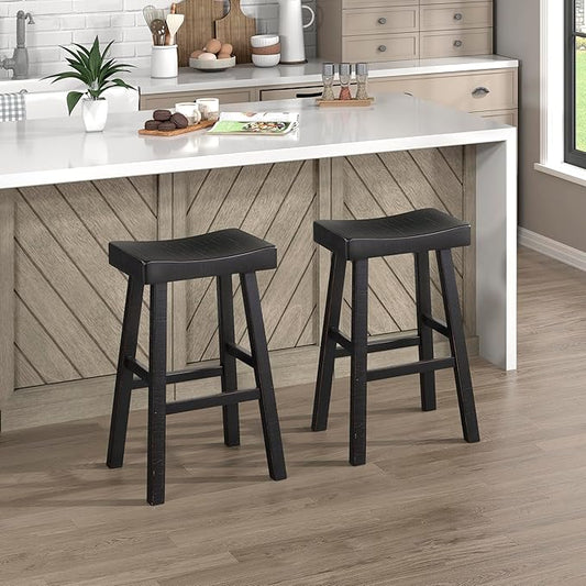 Lexicon Bar Height Bar Stools Set of 2 - Solid Wood Pub Chairs with Footrest, Armless Kitchen Chairs for Island, Living Room, Breakfast Nook, Easy to Clean, Sturdy, Transitional 30.5" High - Black