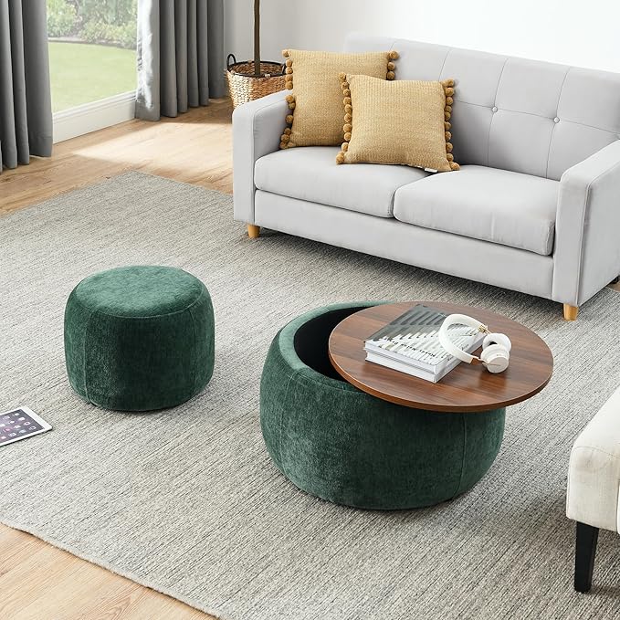 Ball & Cast Round Upholstered Storage-Ottoman Set with Wood Tray, Large Storage Coffee Table w/Footstool & Removable Lid, Dia 25" Padded Bench & End Side-Table for Living Bedroom, Green