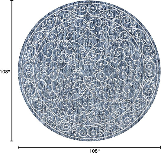 JONATHAN Y Vintage Filigree Indoor Outdoor Round Area Rug 9 Ft Navy/Gray, Charleston Textured Weave for Backyard, Patio, Porch, Easy-Cleaning, High Traffic, Pet-Friendly, Non-Shedding (SMB106D-9R)