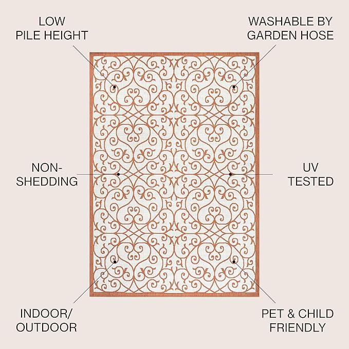 JONATHAN Y Vintage Filigree Indoor Outdoor Area Rug 4X6 Cream/Orange, Madrid Textured Weave for Backyard, Patio, Porch, Easy-Cleaning, High Traffic, Pet-Friendly, Non-Shedding (SMB107L-4)
