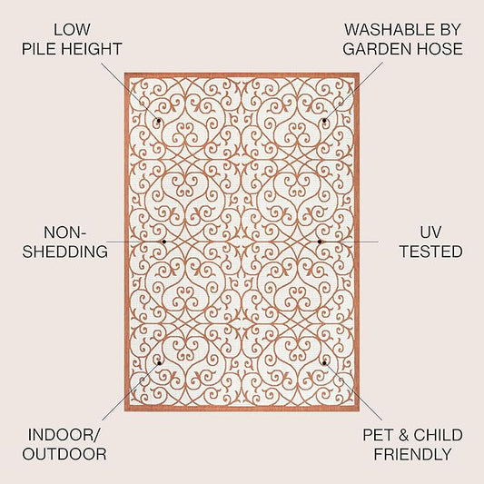JONATHAN Y Vintage Filigree Indoor Outdoor Area Rug 4X6 Cream/Orange, Madrid Textured Weave for Backyard, Patio, Porch, Easy-Cleaning, High Traffic, Pet-Friendly, Non-Shedding (SMB107L-4)