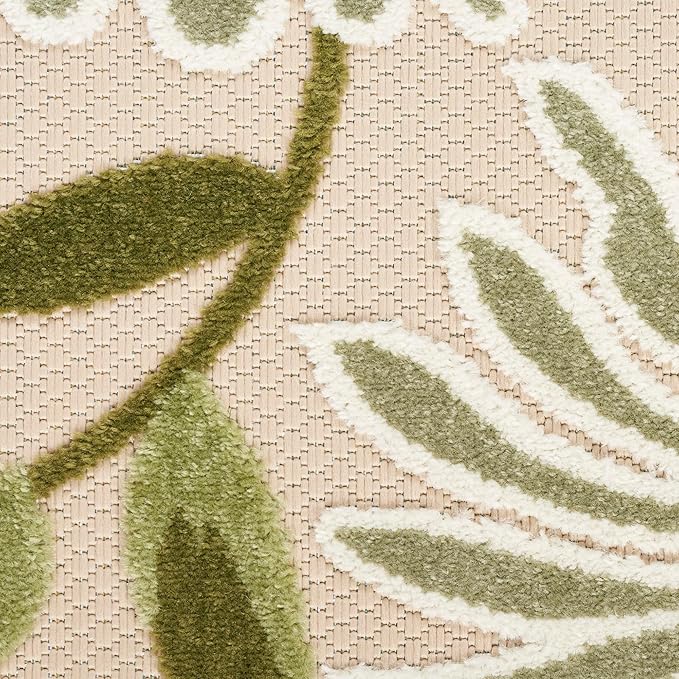 Nourison Home Aloha Ivory Green 5'3" x Round Area Rug - Easy Clean, Non Shedding, Bed Room, Living Room, Dining Room, Kitchen (5' x Round)