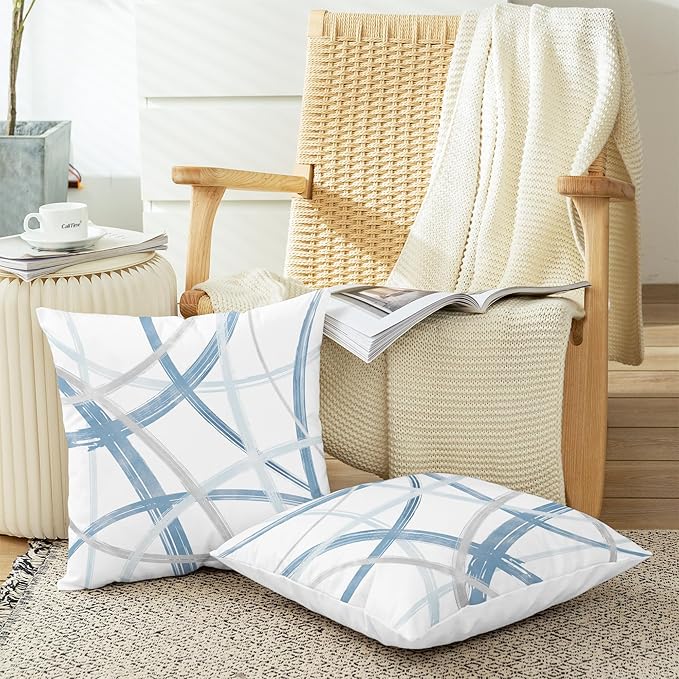 CaliTime Throw Pillow Cases Pack of 2 Cozy Fleece Arc-Shaped Abstract Geometric Lines Decorative Cushion Covers for Couch Bed Sofa Farmhouse Decoration 26 X 26 Inches Light Blue Grey