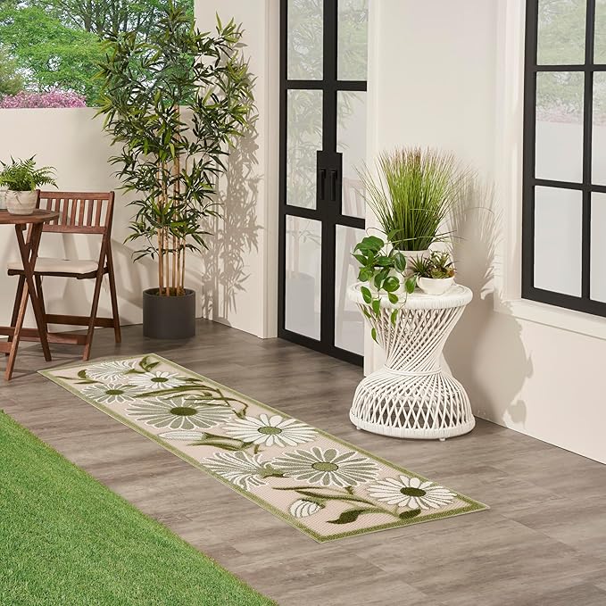 Nourison Home Aloha Ivory Green 2' x 6' Area Rug - Easy Clean, Non Shedding, Bed Room, Living Room, Dining Room, Kitchen (6' Runner)