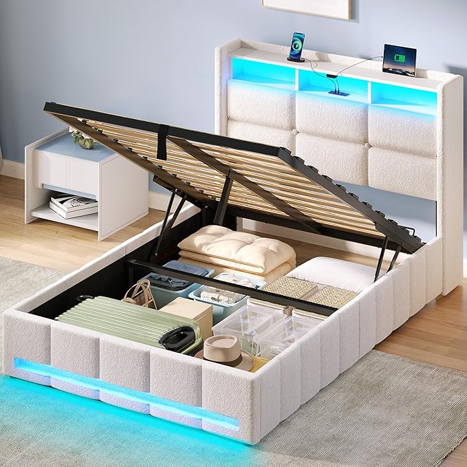 Rolanstar Bed Frame Twin Size with Lift Up Storage, Charging Station & LED Lights, Upholstered Storage Headboard, Heavy Duty Wooden Slats, No Box Spring Needed, Noise Free, Easy Assembly, Beige