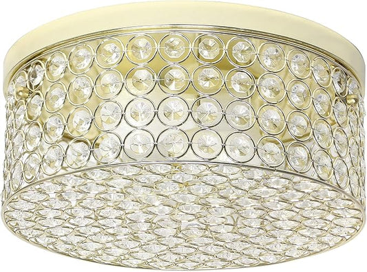 Elegant Designs FM1003-GLD Elipse Crystal 12 Inch Modern Metal 2 Light Round Ceiling Flush Mount Fixture, Gold