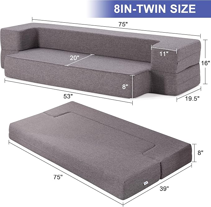 Lazyzizi Floor Sofa Bed, Convertible Sleeper Lounge Couch Folding Mattress with 2 Pillows & Washable Cover for Living Room, Guest, Playroom 8inches Twin