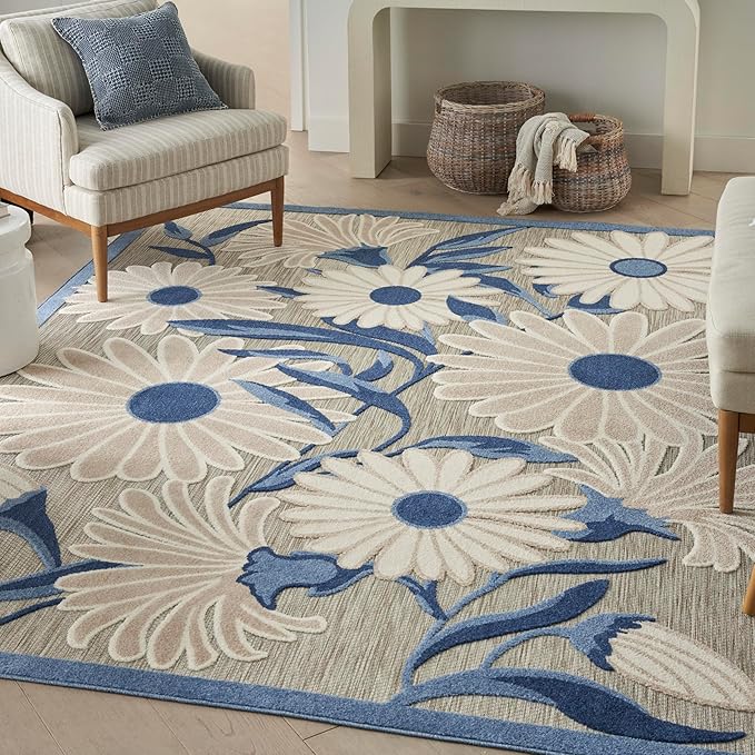 Nourison Home Aloha Blue Grey 7' x 10' Area Rug - Easy Clean, Non Shedding, Bed Room, Living Room, Dining Room, Kitchen (7' x 10')