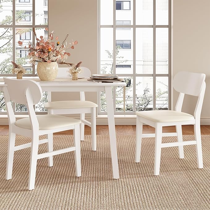 Farmhouse Dining Chairs Set of 4, Solid Wood, Modern Leather Upholstered Kitchen Chairs, Side Seating for Kitchen, Dining Room, Living Room, Home Office, Terrace, 350LBS Capacity, White