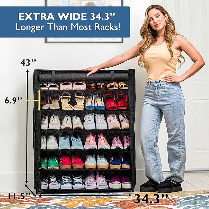 Sundaze Shoe Rack with Cover - 6 Tier Shoe Rack for Front Door Entrance, Sturdy Tall Shoe Organizer for Bedroom, Closet, Garage, Non Woven Fabric Shelf, Black, Holds Up to 30 Pairs