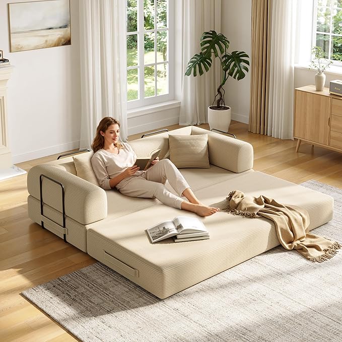 79in Convertible Sofa Bed, Corduroy Boneless Couch Bed, Futon Sleeper Sofa Pull Out Bed, Foldable Couch for Living Room Apartment, No Assembly Required