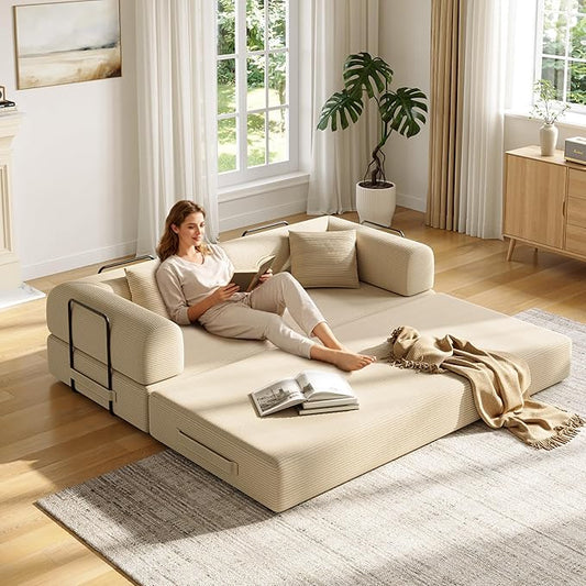 79in Convertible Sofa Bed, Corduroy Boneless Couch Bed, Futon Sleeper Sofa Pull Out Bed, Foldable Couch for Living Room Apartment, No Assembly Required
